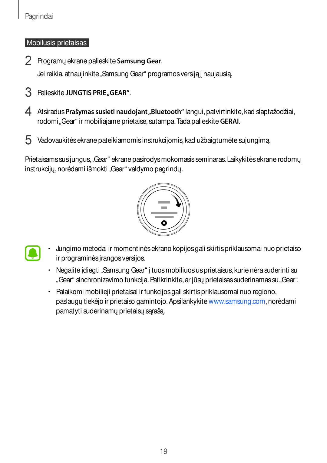 Samsung SM-R7200ZKASEB, SM-R7320ZKASEB manual  Mobilusis prietaisas , Palieskite Jungtis PRIE„GEAR 